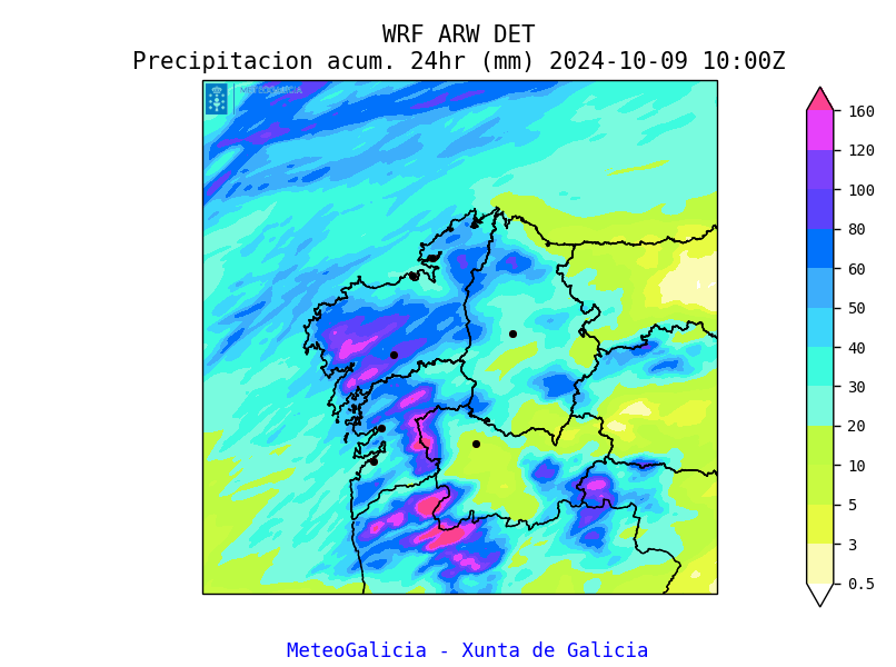 En canto á chuvia, seguiremos acumulando litros nas vindeiras horas, cos momentos de máis forza entre as 06h e as 10h.
Previsión dos acumulados en 24 h, desde hoxe ás 12h ata mañá ás 12 h 👇
Destacan #Muros, #Noia, #Xallas, #ABarcala, #Caldas, #TabeirósTerradeMontes, #BaixaLimia