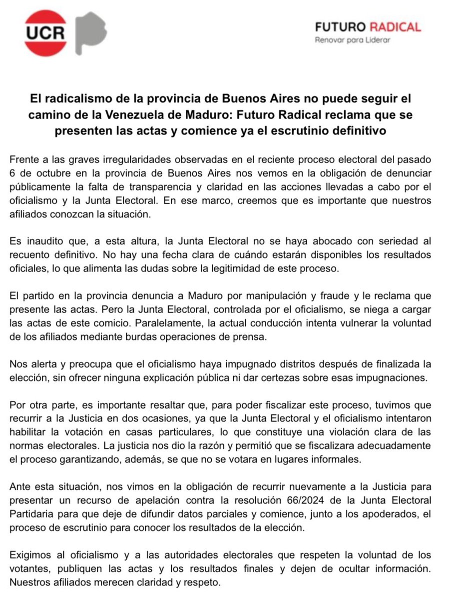Exigimos que se respete la voluntad de los afiliados y que se presenten las actas para iniciar el escrutinio definitivo.

No podemos dejar que este proceso democrático sea empañado por tácticas autoritarias.