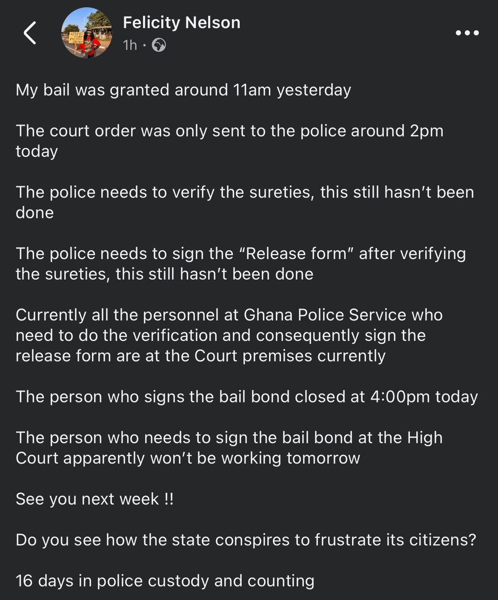 kwakuasanteb's tweet image. Felicity Nelson, one of the arrested and remanded protestors, who has now been granted bail like 51 others share frustrations about the processing of the bail. She alleges that the Police appear to be delaying the process to keep them for longer 

#FreeTheCitizens