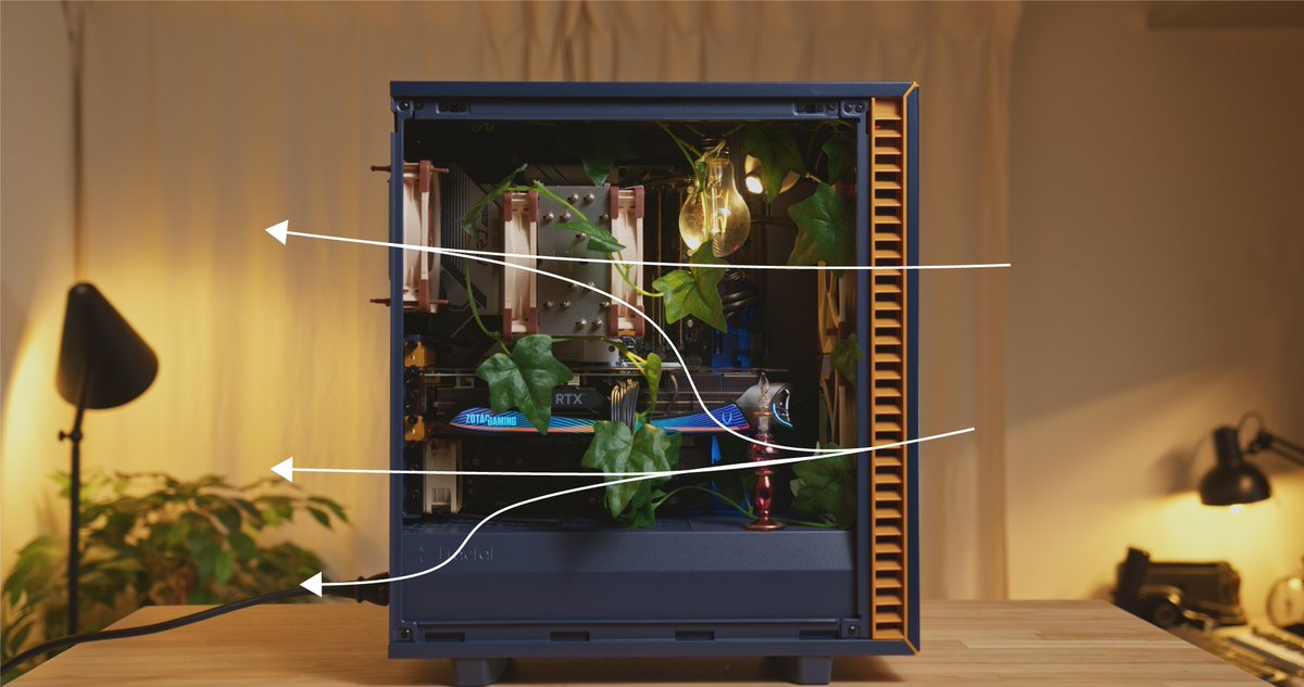 kuroto_mono's tweet image. 私的な結論エアフローはいまでもこれかな.....静音性ピカイチの構成

拡張スロットにも小型ファンを取り付けて、電源のファンと一緒にグラボ下に冷たい空気を引っ張る

ただ残念なことに、電源ファンの向きのトレンドは下になってしまったし、静音ケースも流行らなくなってしまったけど....