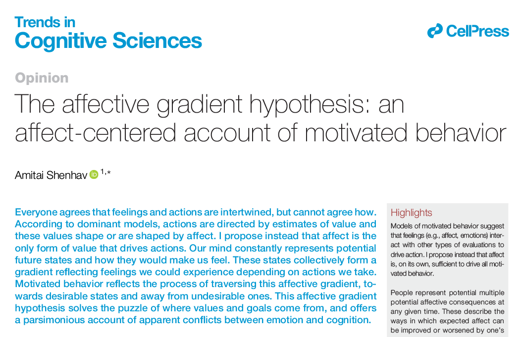 Trends in Cognitive Sciences (@trendscognsci) on Twitter photo The affective gradient hypothesis: an affect-centered account of motivated behavior
Opinion by Amitai Shenhav (<a href="/amitaishenhav/">Amitai Shenhav</a>)
Free access before Nov 13: authors.elsevier.com/a/1jpv%7E_V1r-⦠The affective gradient hypothesis: an affect-centered account of motivated behavior
Opinion by Amitai Shenhav (<a href="/amitaishenhav/">Amitai Shenhav</a>)
Free access before Nov 13: authors.elsevier.com/a/1jpv%7E_V1r-ā¦