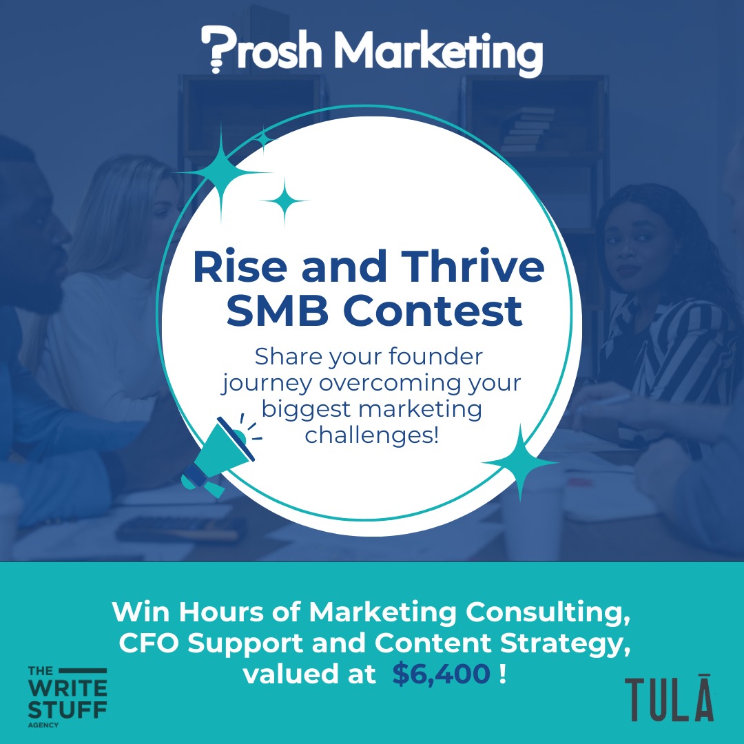 🚀 Prosh Marketing launches the "Rise and Thrive SMB Contest" to celebrate #SmallBusinessMonth!

SMBs, share your biggest marketing challenges &amp; how you thrived for a chance to win $6,400 in marketing consulting!

🗓️ Deadline: Oct 18, 2024
Link: proshmarketing.com/rise-and-thriv…