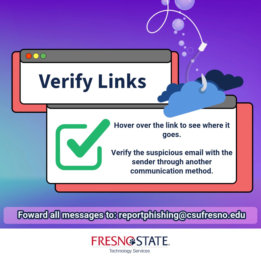 FresnoStateTech's tweet image. Don’t fall for the phish! 🎣🚨 Report all phishing messages by forwarding mail to: reportphishing@csufresno.edu. Check out the Fresno State Phish Bowl to stay updated on the latest phishing attempts. #FresnoStateTech #FresnoState #CyberSecurityAwarenessMonth #SecureOurWorld
