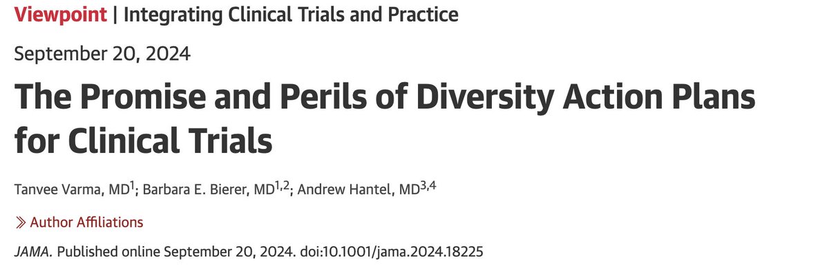 Tanvee Varma, MD (@tanveevarma) on Twitter photo Excited to share our work now in <a href="/JAMA_current/">JAMA</a> about clinical trial diversity💡📝
Congress gave the FDA the authority to require diversity action plans for clinical trials. Why does this matter?
Read more at: ja.ma/4dfK5pO
<a href="/BarbaraBierer/">Barbara Bierer</a> <a href="/ahantel/">Andrew Hantel</a> <a href="/DanaFarber/">Dana-Farber</a> Excited to share our work now in <a href="/JAMA_current/">JAMA</a> about clinical trial diversity💡📝
Congress gave the FDA the authority to require diversity action plans for clinical trials. Why does this matter?
Read more at: ja.ma/4dfK5pO
<a href="/BarbaraBierer/">Barbara Bierer</a> <a href="/ahantel/">Andrew Hantel</a> <a href="/DanaFarber/">Dana-Farber</a>