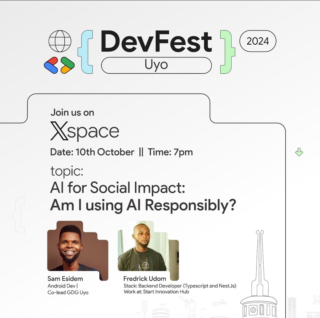 As AI continues to shape our world, it’s crucial to ask: Are we using it responsibly?🤔
Join us in this insightful X space as <a href="/Esidemsam/">SAM ESIDEM</a> and Fredrick Udom explore AI's role in driving social impact and ensuring ethical practices.
