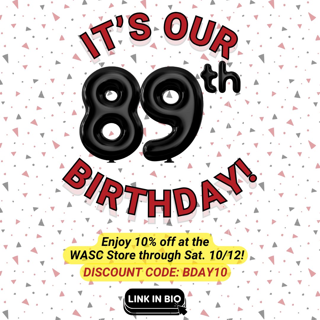 🎂🎈 It’s our 89th Birthday! 🎈🎂

To celebrate, we’re giving you 10% off at the WASC Store through Sat, 10/12!

🎁 Use code BDAY10 to save!
 
🛍️ Shop now—link in bio!

Let’s keep empowering student leaders together! 🙌

#wascleader #studentleadership #leadership #studentvoice