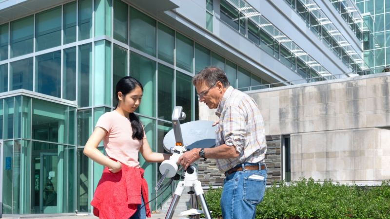 Cornell Physics (@cornellphysics) on Twitter photo There's fascinating research going on everywhere at Cornell and there's more to learn even just by looking up! In this image, we see Associate Professor Carl Franck and <a href="/CornellPhysics/">Cornell Physics</a> student Ellyn Hu taking microwave temperature readings of the sun. There's fascinating research going on everywhere at Cornell and there's more to learn even just by looking up! In this image, we see Associate Professor Carl Franck and <a href="/CornellPhysics/">Cornell Physics</a> student Ellyn Hu taking microwave temperature readings of the sun.