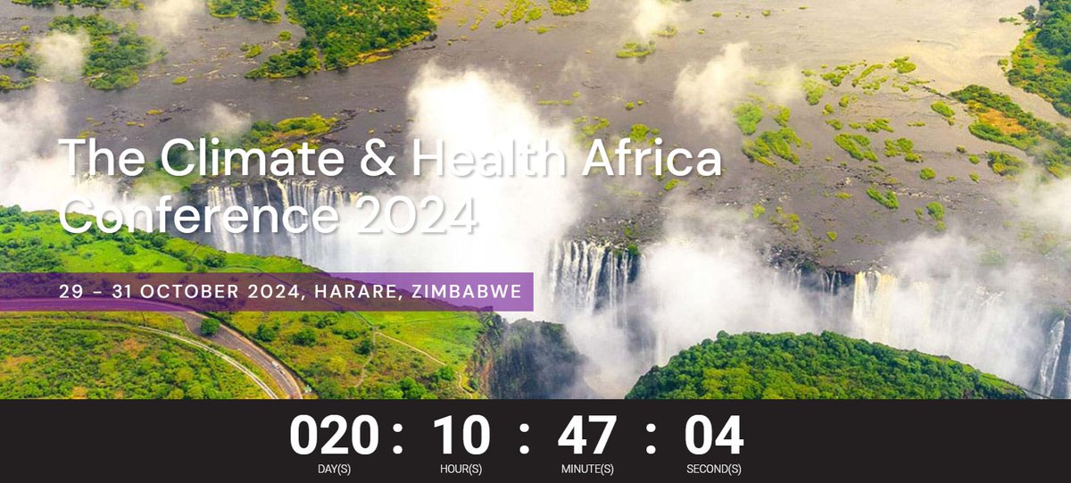 🌍 Countdown to #CHAC2024
 20 days left until we gather in Harare, Zimbabwe for the groundbreaking Climate and Health Africa Conference.
Visit the website for more information and updates: climatehealthconf.africa
📅 Date: 29 October - 31 October 2024
📍 Location: Harare, Zimbabwe