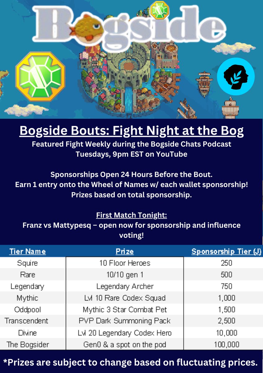 🚨 Presenting Bogside Bouts! 🚨 

All sponsors of a Fight Night fight will be given a raffle entry, the prize gets more attractive as the total sponsorship hits key levels

Details and prizes below, shoutout to <a href="/CryptoKong11/">Kong 🦍👑</a> for the stellar flier!