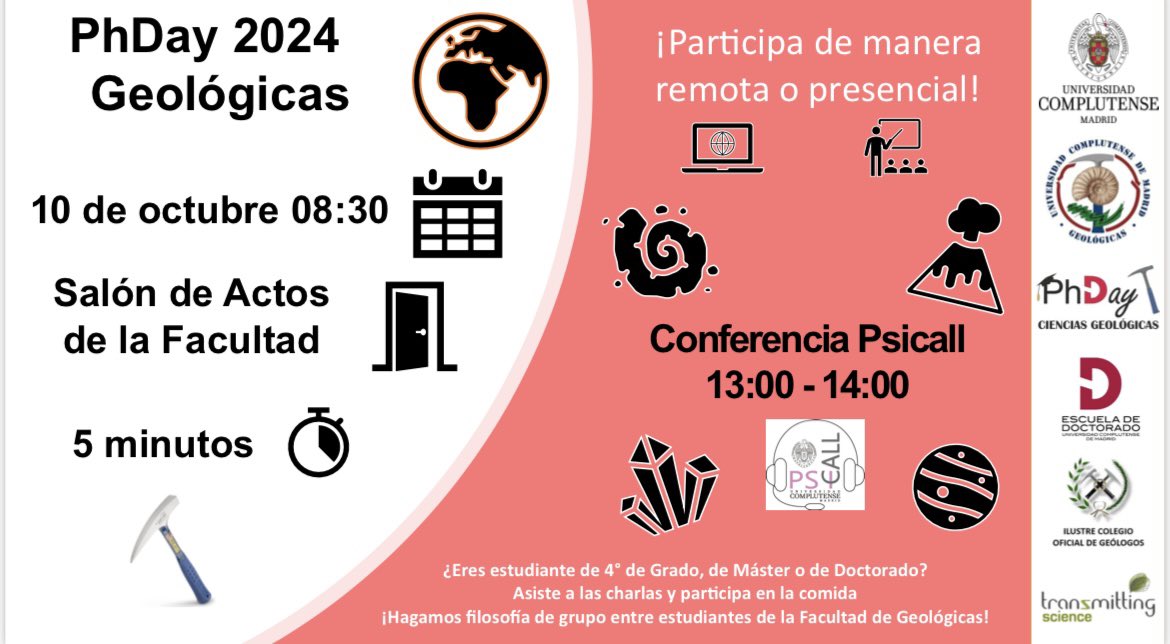 Octubre ha empezado fuerte! El próximo jueves 10 de octubre estaré participando en el PhDay de <a href="/geologicasUCM/">Facultad de Ciencias Geológicas</a> <a href="/unicomplutense/">Complutense</a> Si eres estudiante de 4° de Grado o Máster eres más que bienvenido! Vente y hablemos de ciencia mientras contamos el avance de nuestras tesis! 🦴🔍🤠