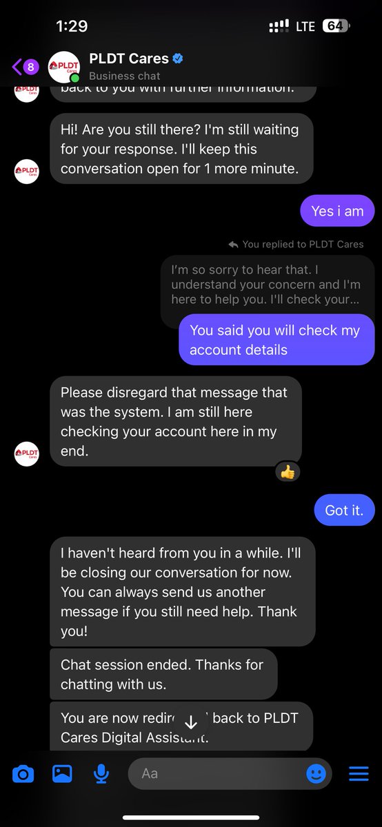 rivavlis's tweet photo. @PLDT_Cares What’s with disconnecting my chat after waiting for 20mins? https://t.co/QAh9QBoieY
