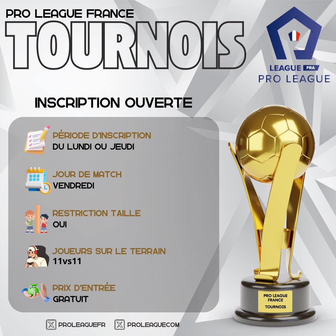 📢 | Commu Pro League France

Comme promis😜

On vous fait découvrir le circuit Pro League France à travers des tournois en octobre/ novembre/décembre, avant la saison 1 en janvier⏳

<a href="/Rolex_F13/">Rolex-F13</a> @xASL_Boyata30 vous expliquerons prochainement les démarches pour vous inscrire🤝