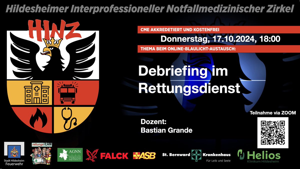 Um aus Fehlern zu lernen, Missverständnisse auszuräumen und miteinander zu wachsen ist ein Debriefing wichtig. Wie wir das im Rettungsdienst am Besten machen erklärt uns Bastian Grande.

17.10. um 18:00 via Zoom

CME akkreditiert &amp; kostenfrei

us06web.zoom.us/j/86468926695?…

@agnn_ev