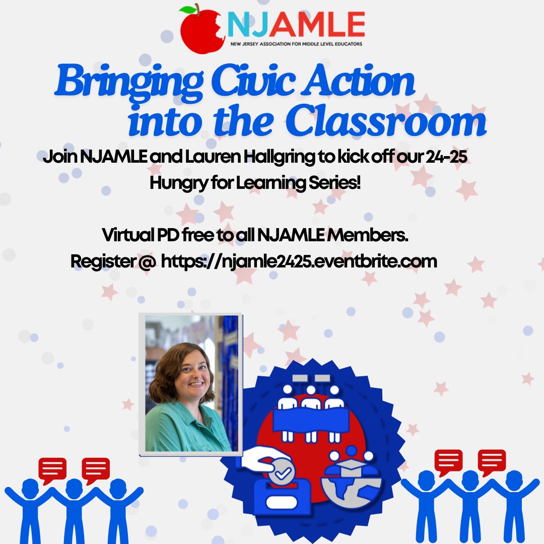 Join NJAMLE and Lauren Hallgring for our first #HungryForLearning of the school year to learn and share ways to bring civic action into your middle school classroom! 

🗓️ Tuesday, October 29th @ 4 pm
📍Virtual
⭐️ FREE for NJAMLE members! 

Register here: njamle2425.eventbrite.com