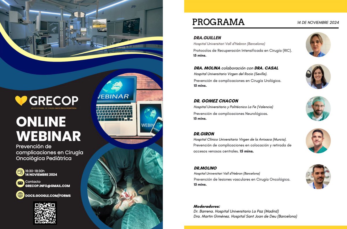 ¡No te pierdas nuestra jornada online sobre prevención de complicaciones en cirugía oncológica pediátrica! 🏥👶 Aprende de expertos y mejora tus habilidades. ¡Inscríbete ya! 🌟 #CirugíaPediátrica #GRECOP