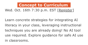 aiEDU presents Free PL for educators
Session 2: Concept to Curriculum Wed. Oct. 16th 5:30 p.m. MST Register here: us02web.zoom.us/meeting/regist… #rvsed #aiEDU