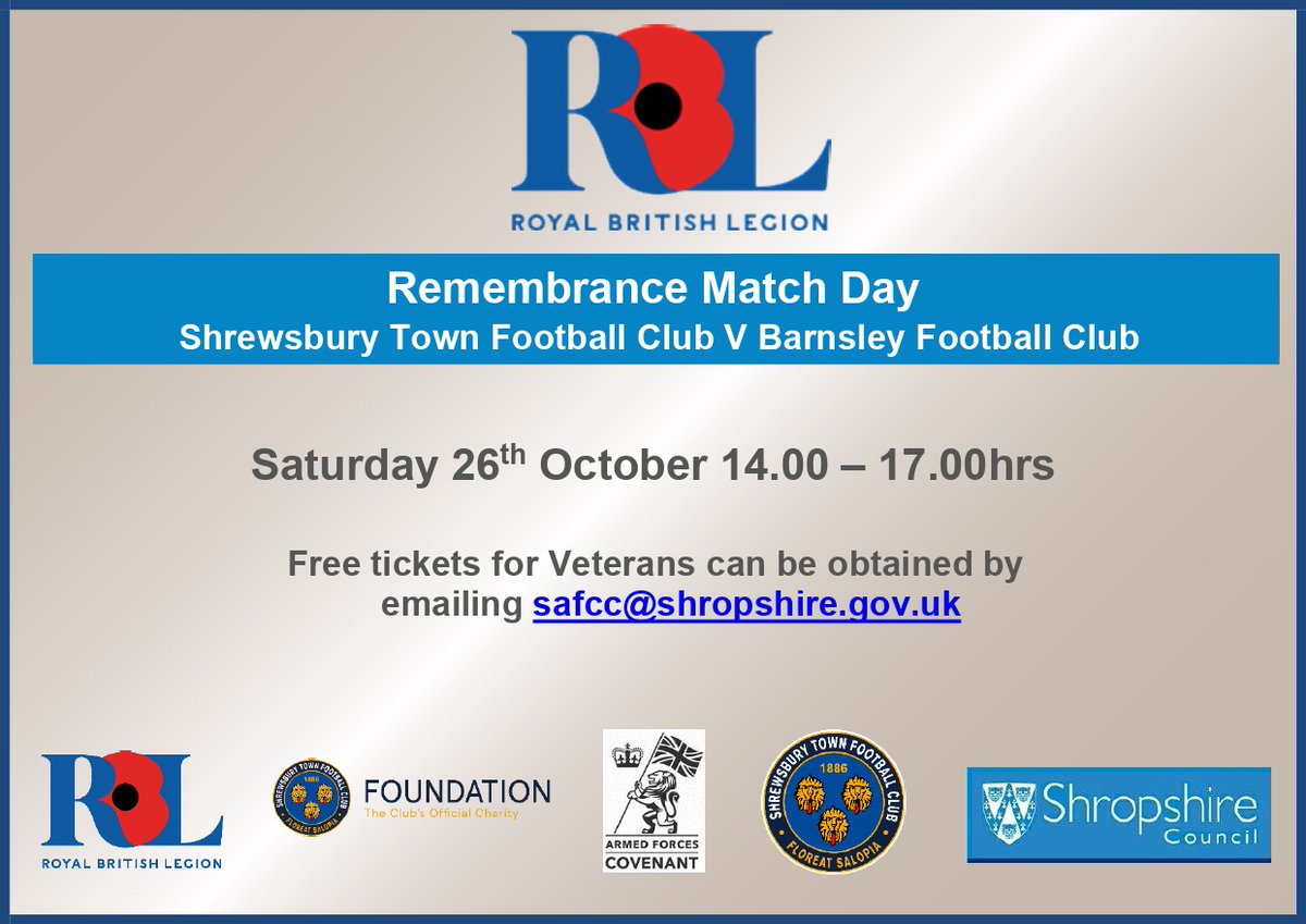 Shropshire Covenant (@shropcovenant) on Twitter photo Are you a veteran, have you requested your free tickets yet for Remembrance Match Day on Saturday 26th Oct?
Shrewsbury Town FC v Barnsley FC
Ticket requests close at midnight on the 13th Oct, for more info see below.
@ShrewsburyTown
<a href="/FoundationSTFC/">Shrewsbury Town FC Foundation</a>
@shropshirecouncil
<a href="/WMRFCA/">West Midland Reserve Forces & Cadets Association</a> Are you a veteran, have you requested your free tickets yet for Remembrance Match Day on Saturday 26th Oct?
Shrewsbury Town FC v Barnsley FC
Ticket requests close at midnight on the 13th Oct, for more info see below.
@ShrewsburyTown
<a href="/FoundationSTFC/">Shrewsbury Town FC Foundation</a>
@shropshirecouncil
<a href="/WMRFCA/">West Midland Reserve Forces & Cadets Association</a>