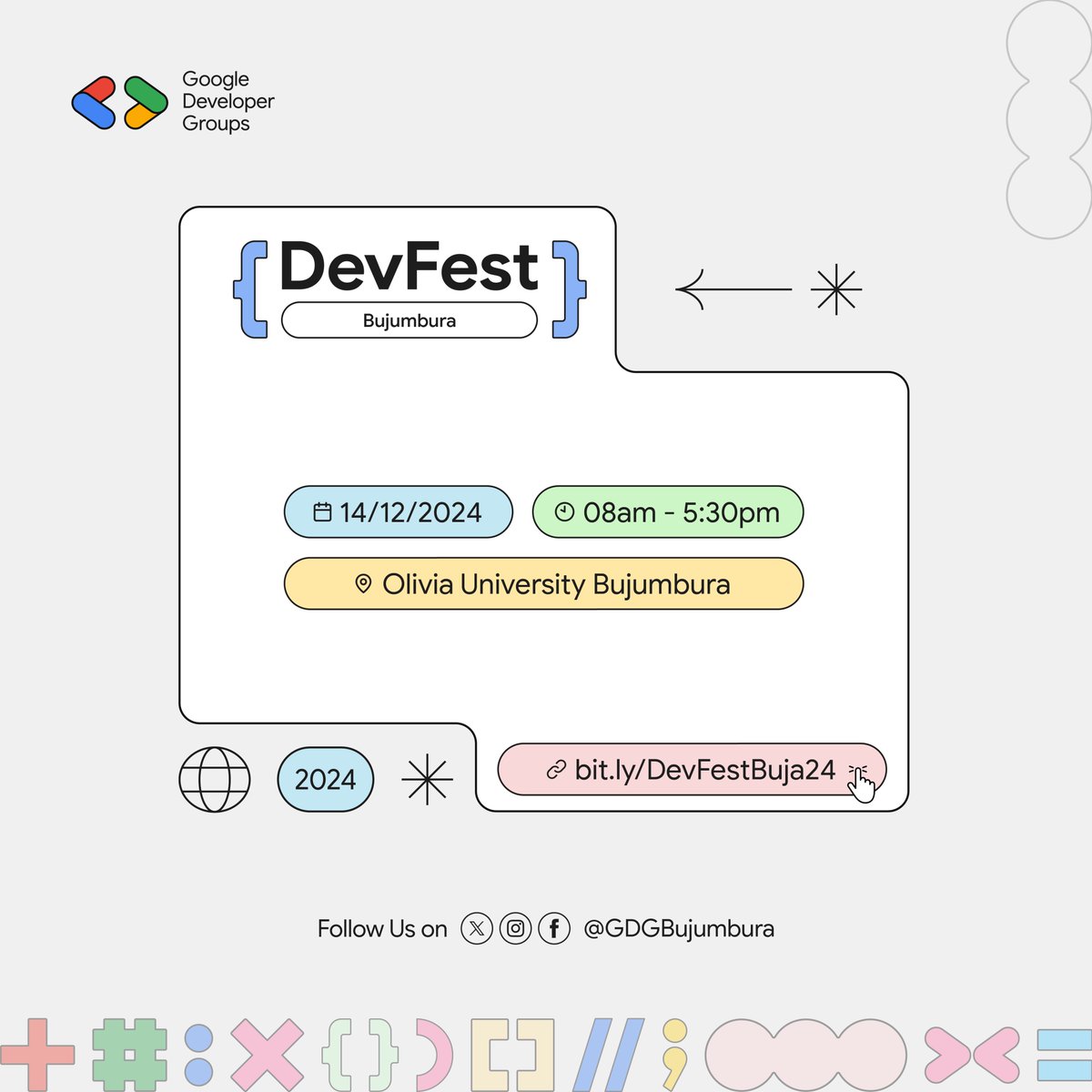 📢 Big News! #DevFestBujumbura24 is set for December 14, 2024 at #OliviaUniversityBujumbura 🎉✨ Join us for a full day of tech talks, hands-on workshops, and amazing connections. Tag your tech crew, save the date, and register now: bit.ly/DevFestBuja24 🚀

#GDGBujumbura