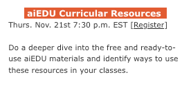 aiEDU presents Free PL for educators.
Session 6: AI for Educators: Curricular Resources
Thurs. Nov. 21st 5:30 p.m. MST #rvsed #aiEDU
us02web.zoom.us/meeting/regist…