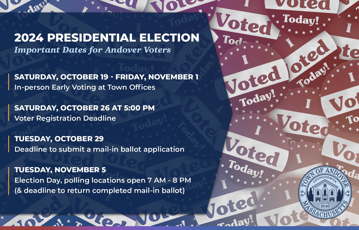 Election Day is just four weeks away. Here are some important dates to keep in mind as you make your plan to vote.

More details: andoverma.gov/elections