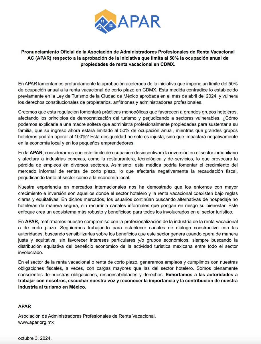 APARMexico's tweet photo. Pronunciamiento Oficial de la Asociación de Administradores Profesionales de Renta Vacacional
AC (APAR) respecto a la aprobación de la iniciativa que limita al 50% la ocupación anual de
propiedades de renta vacacional en CDMX. https://t.co/JBqknjkUtX