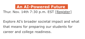 aiEDU presents Free PL for educators.
Session 5: AI for Educators: An AI Powered Future 
Thurs. Nov. 14th 5:30 p.m. MST #rvsed #aiEDU
us02web.zoom.us/meeting/regist…