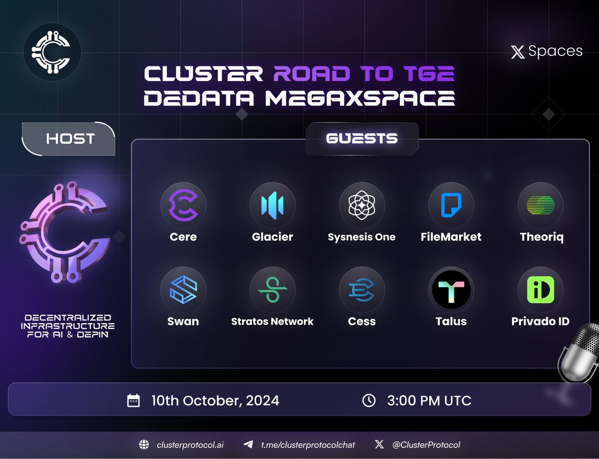 ClusterProtocol's tweet image. 🌐 DeData MegaXspace of the Year! 🚀

Mark your calendars for 🗓 Oct 10, 2024 at ⏱ 3 PM UTC!  

🎙 A groundbreaking discussion on the State of Decentralized Data Solutions!

🔊 Join industry giants for an epic conversation on the future of data: 

@cereofficial 
@Glacier_Labs…