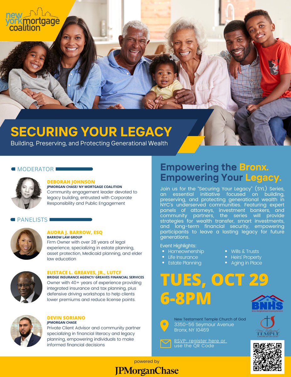 Join us for "Securing Your Legacy" – a transformative workshop empowering the Bronx community to protect generational wealth! Hosted by BNHS and Chase Bank.

📅 Date: Tuesday, October 29th
🕒 Time: 6-8PM
📍 Location: 3350-56 Seymour Ave. Bronx  
#BronxStrong #WealthWisdom