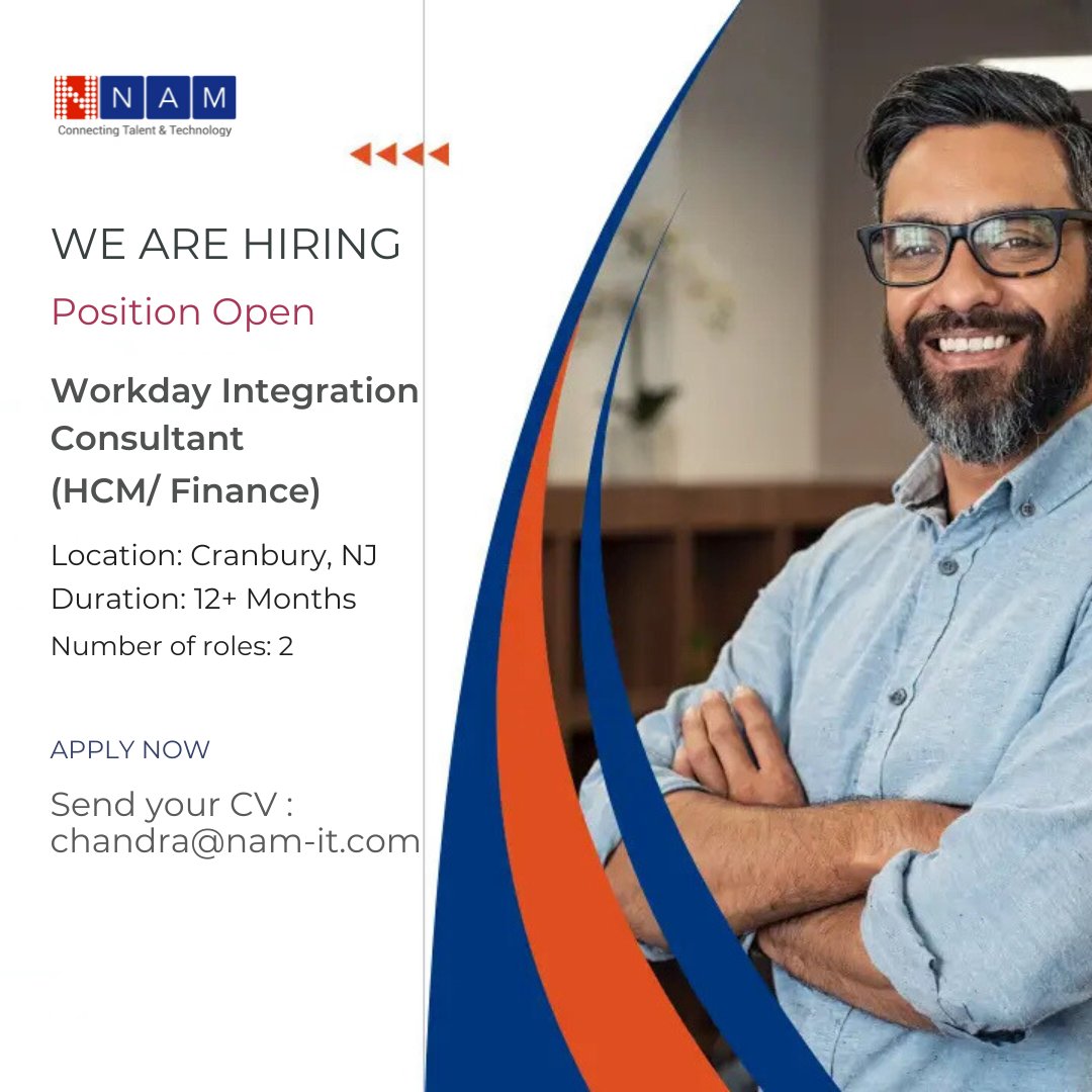 NAMINFO's tweet image. We are Hiring : #WorkdayIntegration Consultant (HCM/ Finance) (Technical Consultant)

Loc : Cranbury, NJ
Type : Permanent
No. of roles: 2

For description visit : nam-it.com/workday-integr…

#soliddevelopment #WorkdayStudio #WorkdayHCM #WorkdayFinance #HCMJob #TechJobs #TechCareers