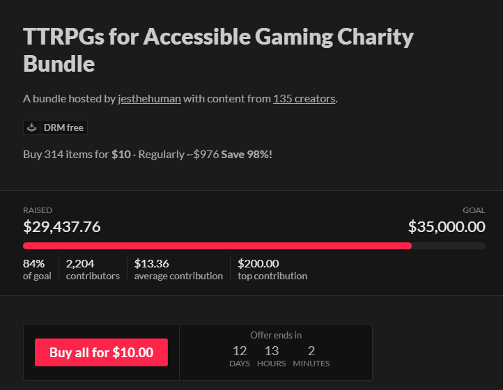 Jes the Human (@jesthehuman) on Twitter photo My friends, there are 12 days left to get your hands on the TTRPGs for Accessible Gaming Charity Bundle to support <a href="/DOTSrpg/">DOTS RPG Project</a>!
Link in QT! My friends, there are 12 days left to get your hands on the TTRPGs for Accessible Gaming Charity Bundle to support <a href="/DOTSrpg/">DOTS RPG Project</a>!
Link in QT!