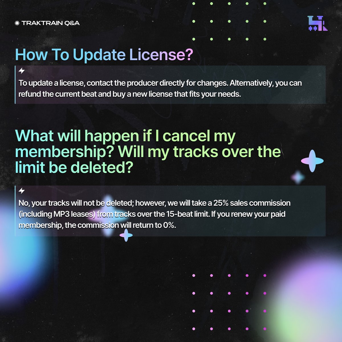 traktrain's tweet photo. Got questions about using free beats, selling kits, or managing your licenses on TRAKTRAIN? Our FAQ’s got you covered! Swipe through to get answers to the most common questions 🎶💡
Head over to https://t.co/z5xAxzMXKS for more tips and explore all features!
#Traktrain #beats #musicproducers #sellbeats #samplepacks #indieartist #digitalmusicdistribution #beatmaker #producerlife #musicfaq