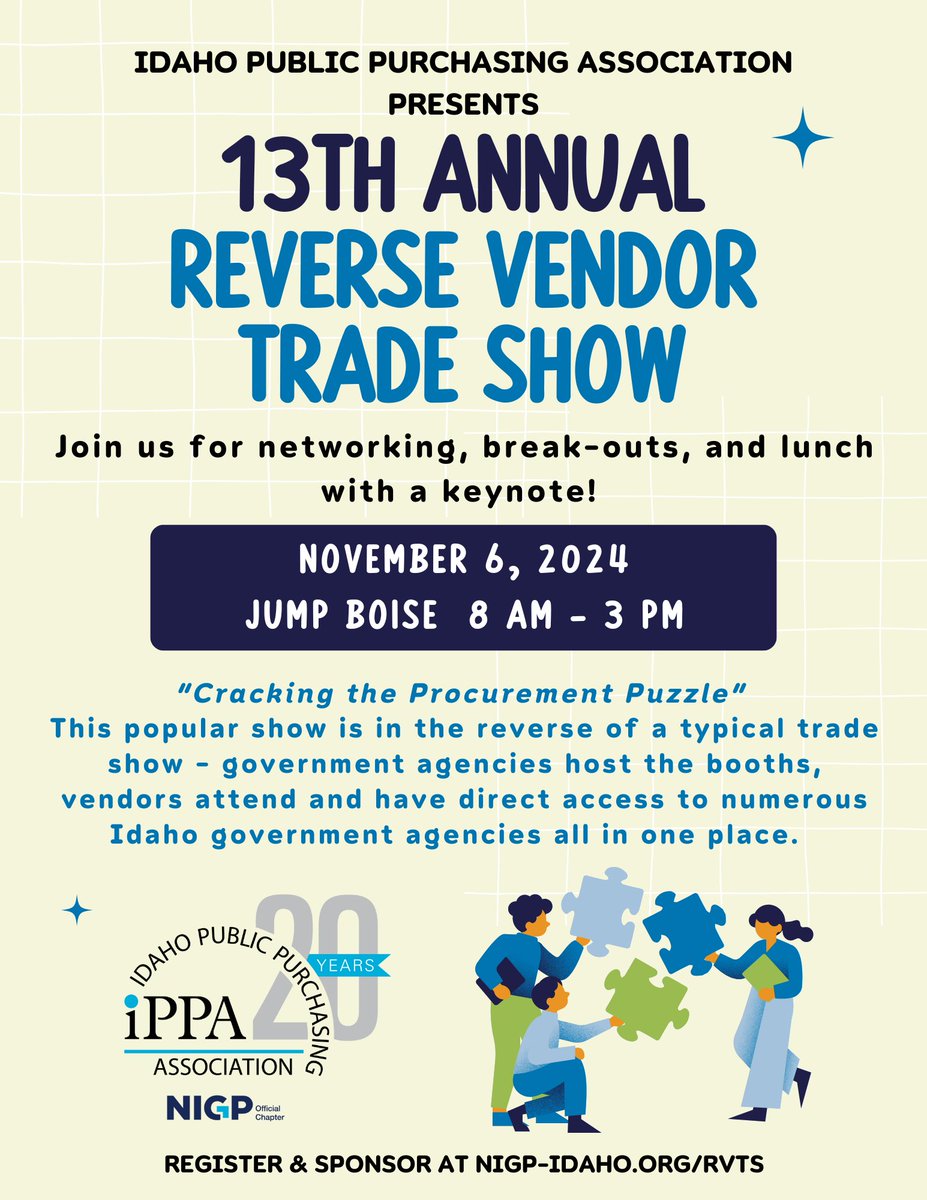 IPPA_NIGP's tweet photo. The 13th Annual RVTS @JUMPboise is 1 month away! Vendors, you can sponsor any time until the event, but to be included in the directory/signage, the deadline is 10/11/24! https://t.co/V7A4sAZAkd #publicprocurement    #vendorswanted #boisesmallbusiness https://t.co/teuyN5ZNci