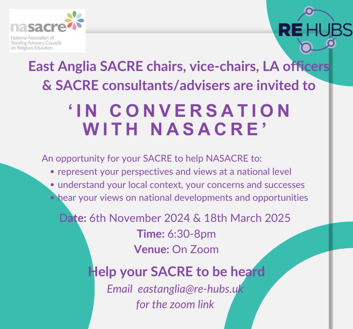 This term's 'In conversation with NASACRE' meeting date for East Anglia is confirmed. SACRE chairs, vice-chairs, LA officers and SACRE consultants/advisers are all welcome. Sign up via the email in the flyer.