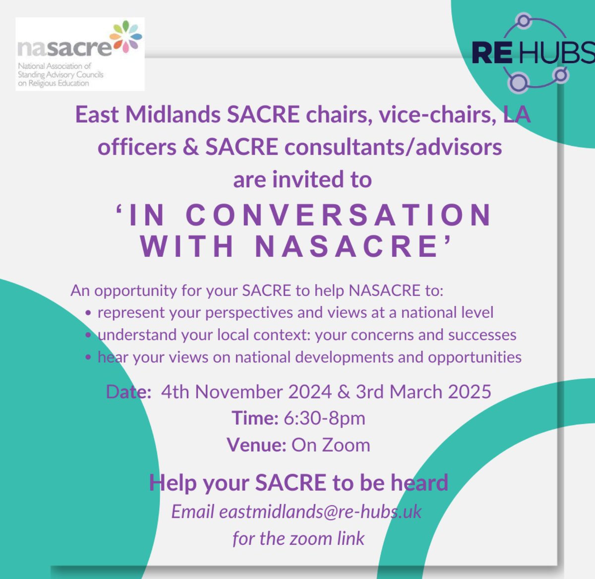 NASACRE' meeting date for the East Midlands is confirmed. SACRE chairs, vice-chairs, LA officers and SACRE consultants/advisers are all welcome. Sign up via the email in the flyer.