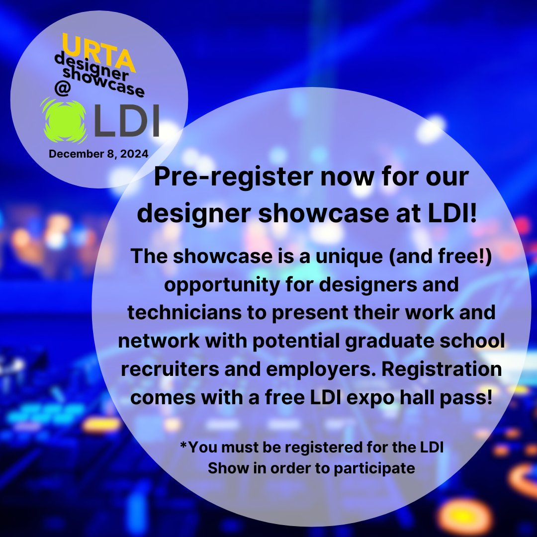 If you're already going to be at LDI and want a chance to show off your own work, the URTA designer showcase is a great opportunity!
Register at urta.com/ldi. 
#ldishow #vegas #URTA #design #theatredesign #networking #theatretech