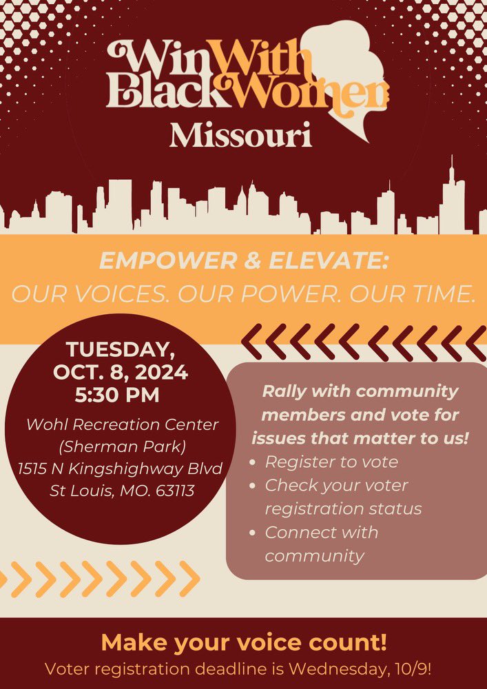 LishaLiberty's tweet photo. Tomorrow is the LAST day 2 register 2 vote in MO ! Come hear from black women leaders - including me! - on the importance of this election. Let’s make sure you’re registered, talk about yr voting plan, what will be on the ballot, and connect!! #November6 #ALLNotSome #ImWithHer https://t.co/Fz6rMkMWKG