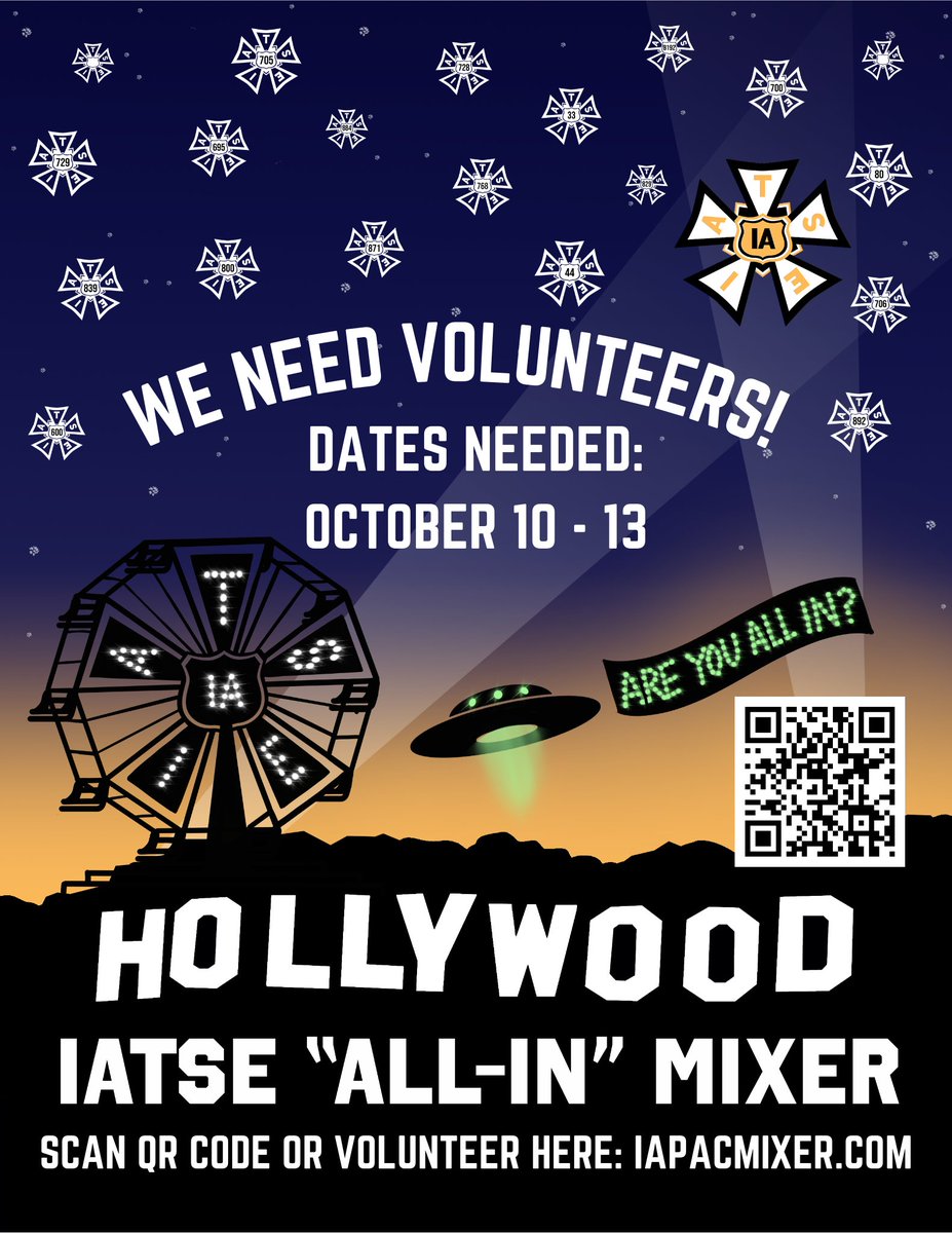 IATSE Local 600 (@icglocal600) on Twitter photo Join the <a href="/IATSE/">IATSE // #IASolidarity</a> Hollywood Locals for the annual “All-In” Mixer & PAC Fundraiser on Saturday, October 12, 6 pm – Midnight, at Local 80. VOLUNTEERS ARE NEEDED. Sign up TODAY: iapacmixer.com #IASolidarity Join the <a href="/IATSE/">IATSE // #IASolidarity</a> Hollywood Locals for the annual “All-In” Mixer & PAC Fundraiser on Saturday, October 12, 6 pm – Midnight, at Local 80. VOLUNTEERS ARE NEEDED. Sign up TODAY: iapacmixer.com #IASolidarity