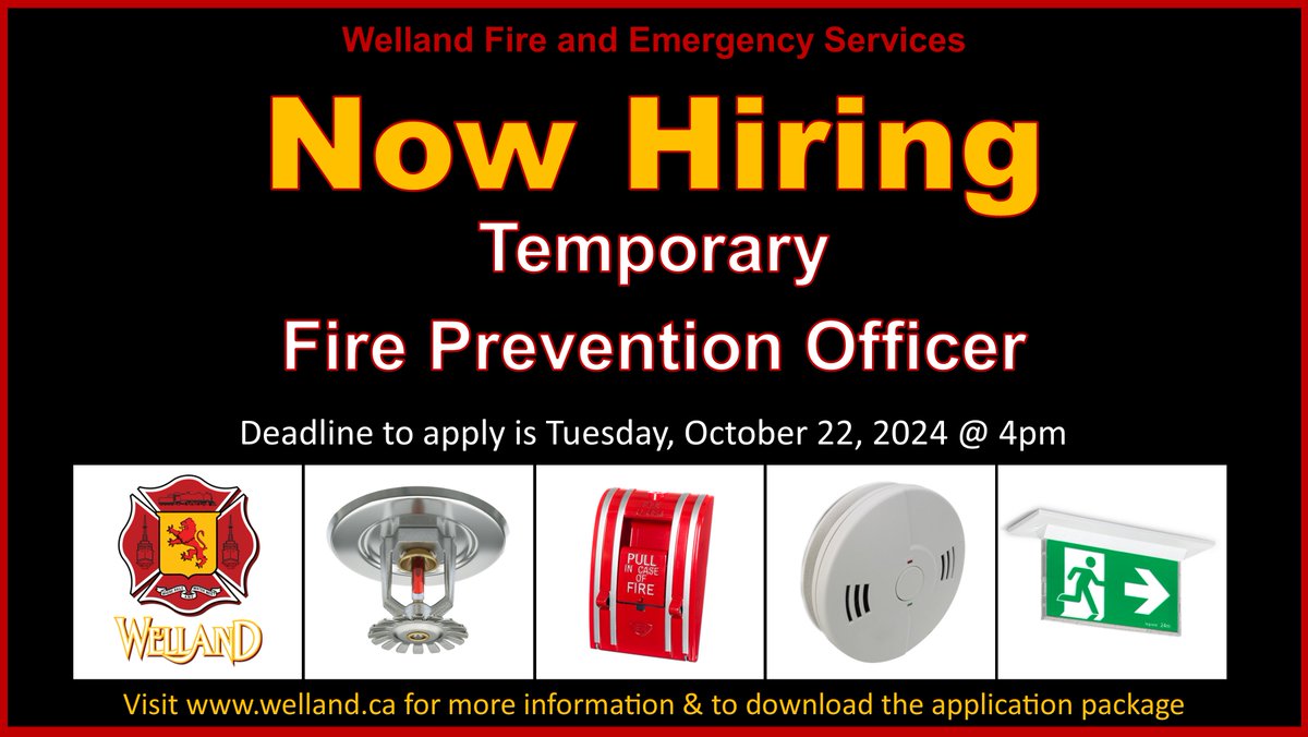 We're now hiring a Fire Prevention Officer to fill a temporary vacancy. Qualified individuals who are interested in joining our fire prevention team on a short-term contract basis are encouraged to apply by Oct. 22, 2024 @ 4pm
For more information visit: myavanti.ca/WorkAtWelland/…