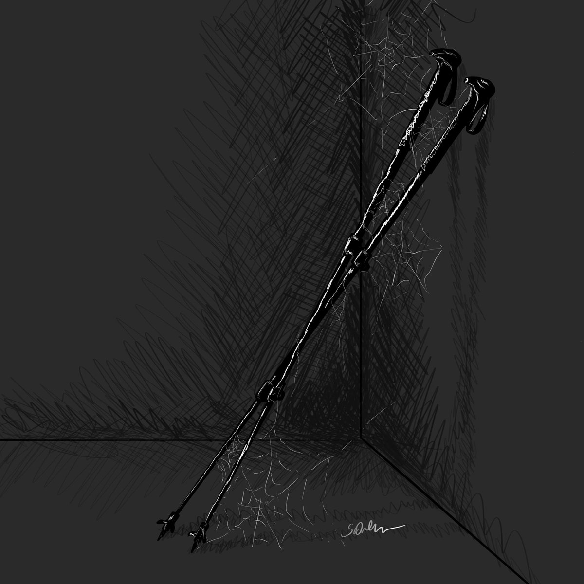 Kunstromanze's tweet photo. #Tag8 vom #inktober2024 ehren wir den prompt #hike in der #digitalart #zeichnung so wie ich es schon länger mache 😅 #wanderstöcke #spinnweben https://t.co/fCOYElO6DB