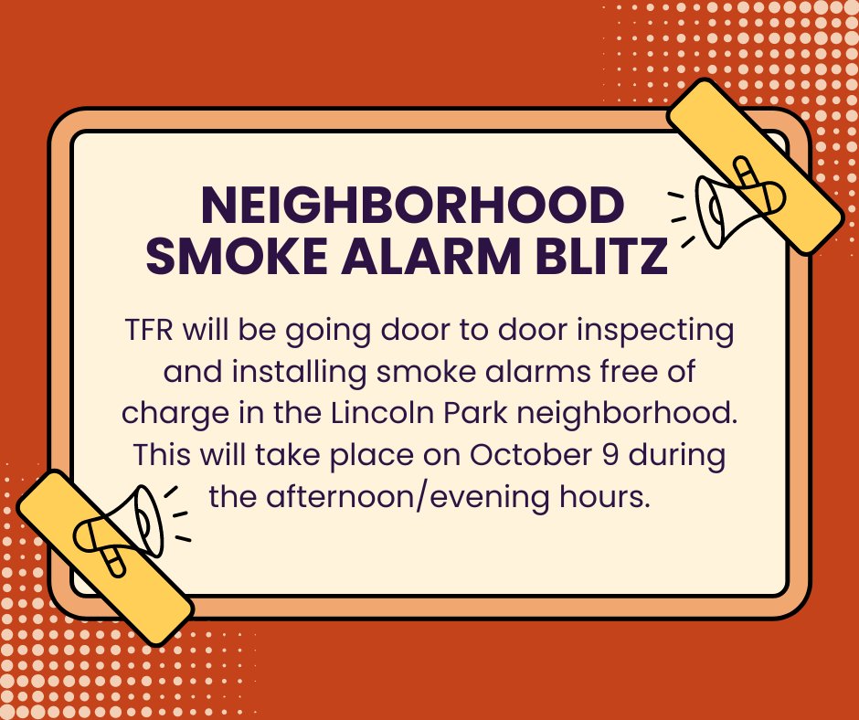 Tomorrow we will be in the Lincoln Park neighborhood inspecting and installing smoke alarms free of charge while educating residents on fire safety. If you live in the City of Tuscaloosa &amp; are in need of a smoke alarm in your home, give us a call at 205-248-5445.