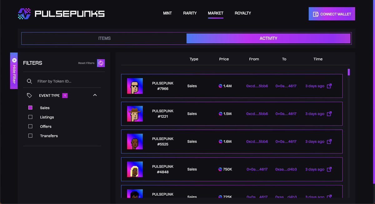 Over 45 Million $PLS in secondary #PulsePunks sales in just 6 days 🔥🚀

Less than 24 Hours until Richard Heart’s birthday &amp; another flushed PulsePunks royalty pool 🤩💰

$Mint &amp; $NytDoge whitelisted. All previous tokens remain whitelisted &amp; claimable 👏🏼

#NFT <a href="/MintraAI/">Mintra</a> <a href="/NYTDOGE/">NightÐoge(NYTÐOGE)</a>