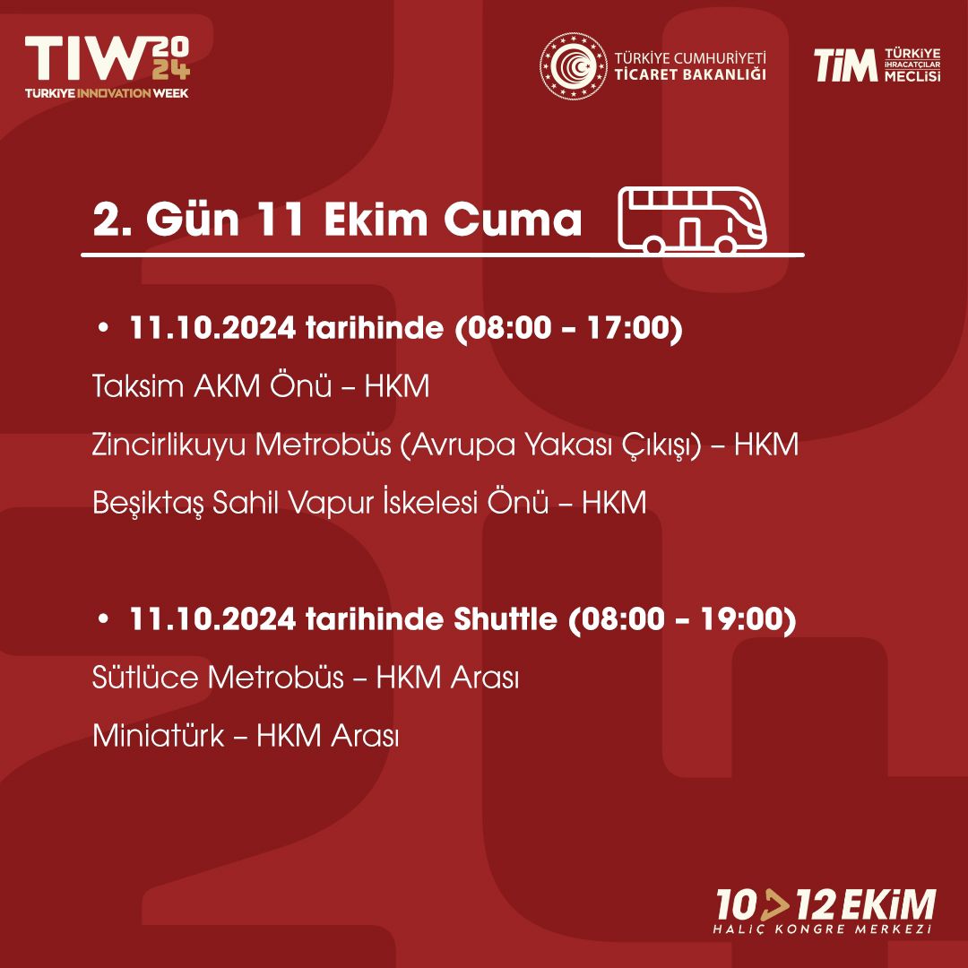 innovationTR_'s tweet image. #TürkiyeInnovationWeek’e ücretsiz shuttle hizmetiyle rahatça ulaşın!

Türkiye’nin ve yakın coğrafyanın en büyük inovasyon buluşması olan #TIW24 bu yıl kapılarını 11. Kez #OutofTheBox temasıyla Haliç Kongre Merkezi’nde açıyor!

Şimdi kaydınızı oluşturun: türkiyeinnovationweek.com