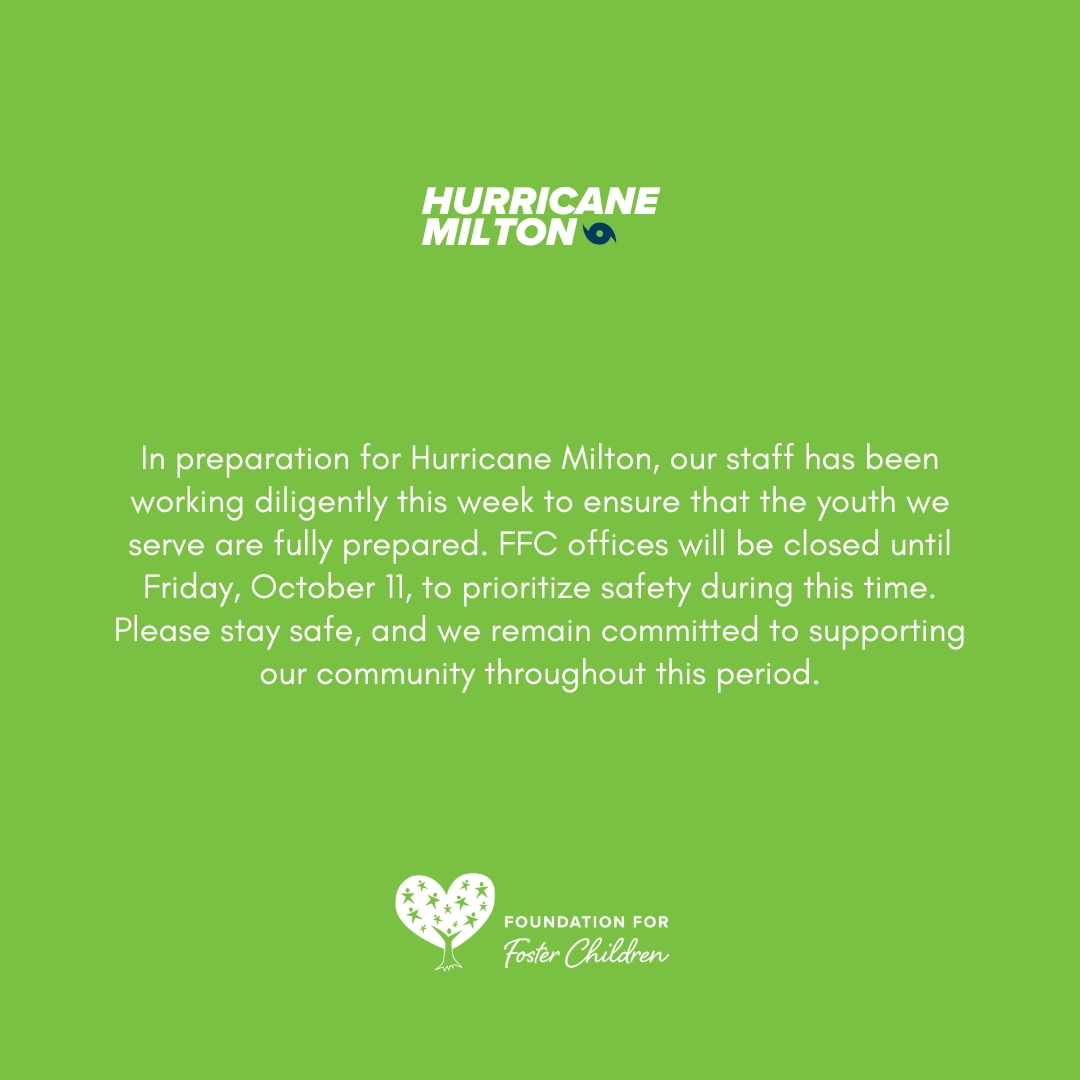 FFCFL's tweet image. In preparation for Hurricane Milton, our team has worked hard to ensure our youth are ready. FFC offices will be closed until Friday, Oct. 11. Stay safe! #FFCCares