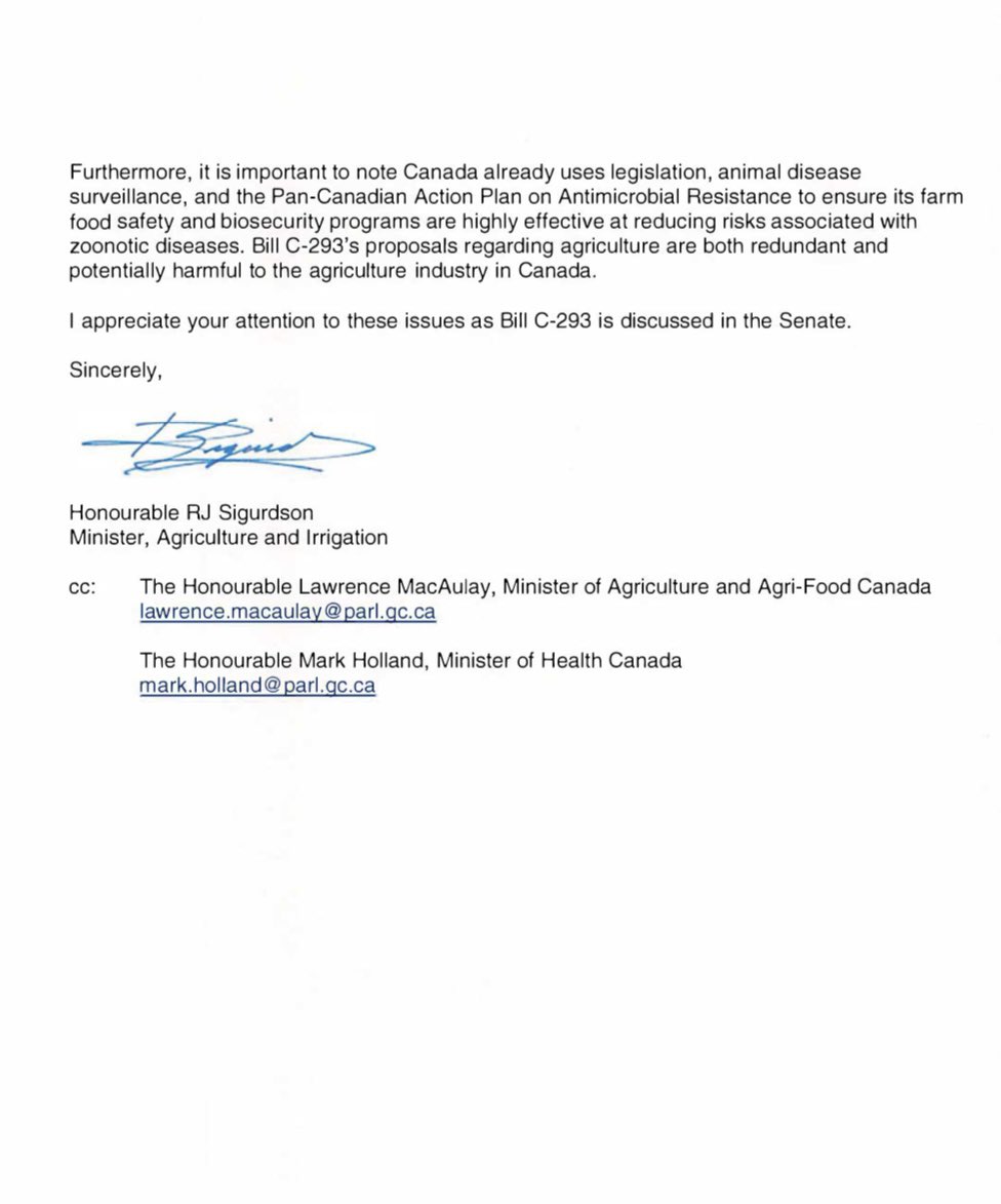 This morning I sent a letter to Alberta Senators regarding Bill C-293. The Government of Alberta shares the concerns of industry that this bill inappropriately targets animal agriculture, placing our industry at risk of severe restriction. 
1/2