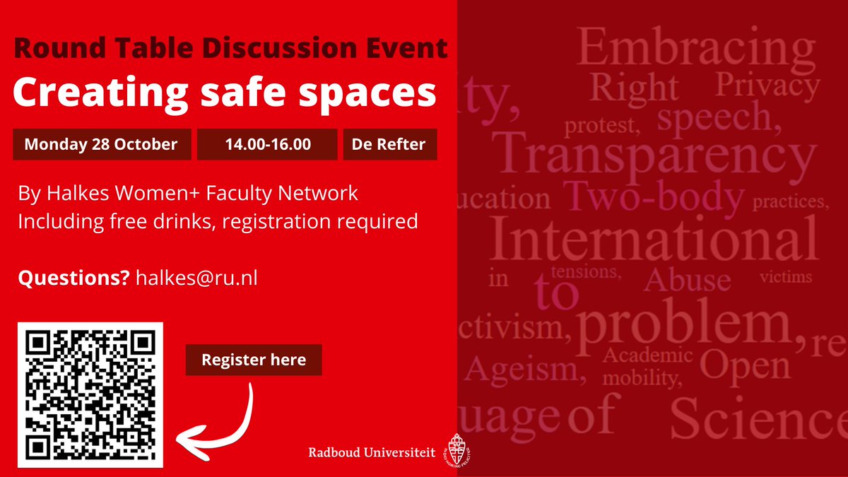 🌟 Join us for the Halkes Women+ Faculty Network Annual Roundtable Discussion!

🗓️ Monday, 28 October 
🕑 14:00-16:00
📍 00.53, Erasmus building

Let's reflect &amp; share experiences on key topics like inclusion in academic mobility &amp; embracing diversity 🌟