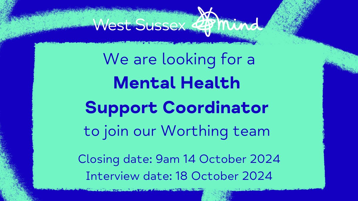 West Sussex Mind are looking for a Mental Health Support Co-ordinator, within the Worthing team to join the Emotional Wellbeing Services that provide support across Sussex. 
For more information, go here: westsussexmind.org/jobs/pt-mh-sup… 
#wearehiring #mentalhealthjobs #westsussex