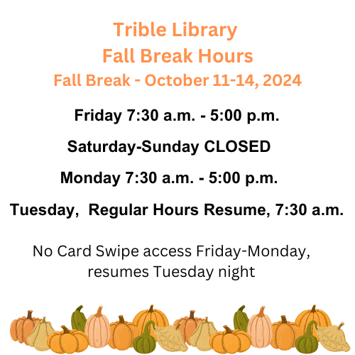Hey Captains we hope you have a safe &amp; happy break! The #triblib will have limited hours over Fall Breakm but many resources can be accessed online 24/7 cnu.libguides.com/libraryhours/f…