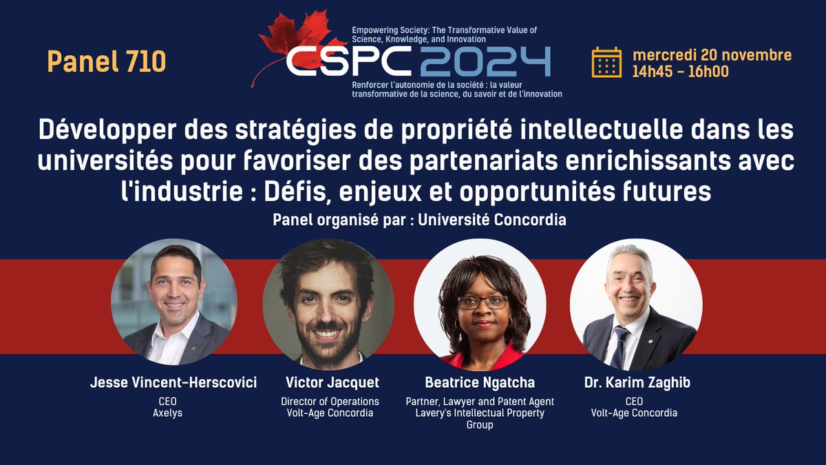 Canadian Science Policy Centre (CSPC) (@sciencepolicy) on Twitter photo Université <a href="/Concordia/">Concordia University</a> organise un panel lors du #CSPC2024 !
Rejoignez <a href="/jvh_jesse/">Jesse Vincent-Herscovici</a> <a href="/VictorJacquet92/">Victor Jacquet</a> <a href="/bngatchaIPLaw/">Beatrice Ngatcha</a> et <a href="/KarimZaghib/">Karim Zaghib</a> pour une discussion sur les politiques de propriété intellectuelle dans les contextes académiques.
#CdnSci Université <a href="/Concordia/">Concordia University</a> organise un panel lors du #CSPC2024 !
Rejoignez <a href="/jvh_jesse/">Jesse Vincent-Herscovici</a> <a href="/VictorJacquet92/">Victor Jacquet</a> <a href="/bngatchaIPLaw/">Beatrice Ngatcha</a> et <a href="/KarimZaghib/">Karim Zaghib</a> pour une discussion sur les politiques de propriété intellectuelle dans les contextes académiques.
#CdnSci