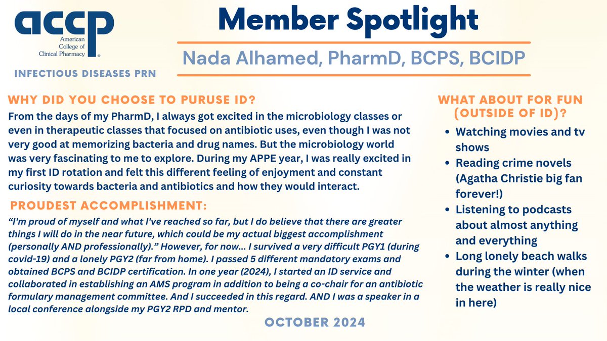 Congratulations to Dr. Nada Alhamed for being selected for our October ID-PRN member spotlight <a href="/NadaAlhamed95/">Nada</a> 👏‼️ 

Thank you for your dedication and significant contributions to pharmacy 📷📷💪💪

#IDtwitter #IDPRN