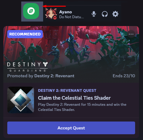 Ayanosaur's tweet photo. To all Guardians!💖

Don't forget to grab your Celestial Ties Shader quest from Discord between 08.10 - 23.10.2024

1. Go to Discord
2. Go to Discover icon at the bottom left below servers icons
3. Pick up the quest
4. Play Destiny 2 for 15 minutes to get the shader💖

#Destiny2 https://t.co/LOAxKEidhS